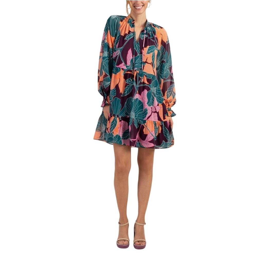 Trina Turk Floral Tiered Mini Dress Long Sleeve Tassel Tie Teal Orange Pink S‎
